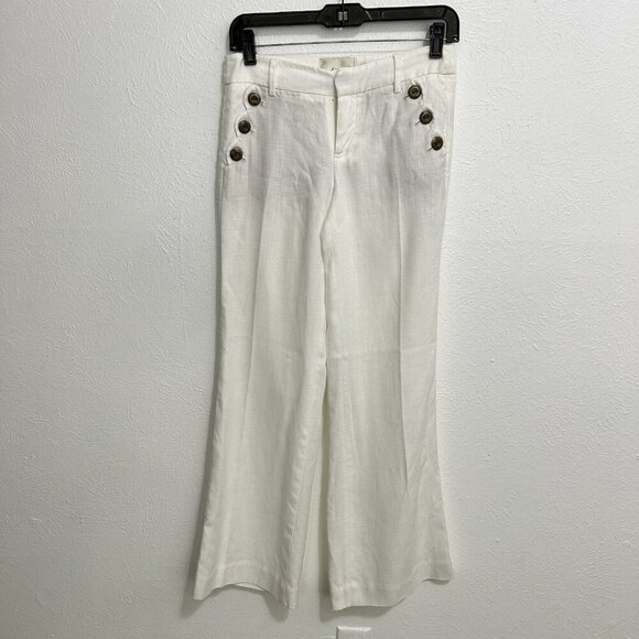Elevenses Anthropologie Off-White Linen Wide Leg Pants Coastal Nautical Size 2 - Picture 3 of 12